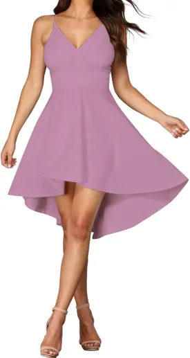 FANCYINN Women High-Low Hem Dress Spaghetti Straps Deep V Neck Floral Backless A Line Skater Cocktail Dresses