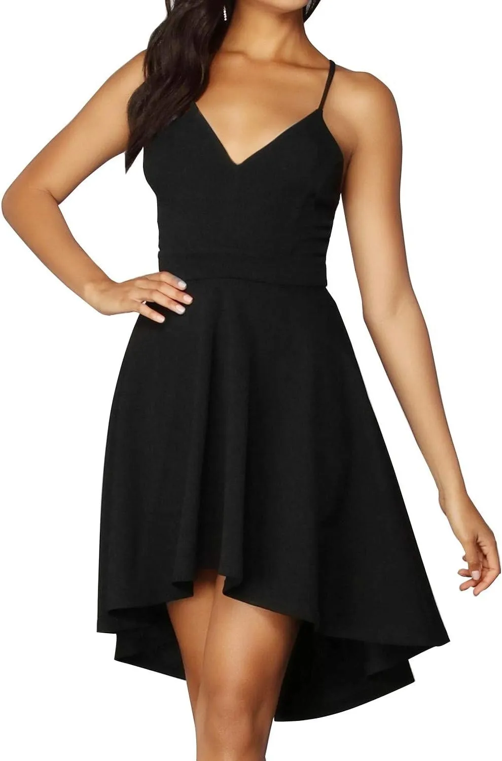 FANCYINN Women High-Low Hem Dress Spaghetti Straps Deep V Neck Floral Backless A Line Skater Cocktail Dresses