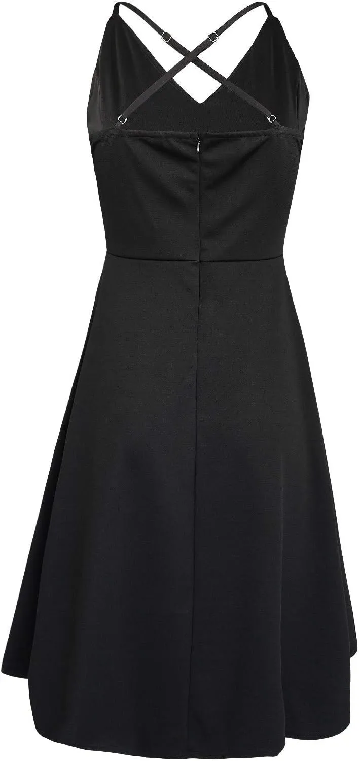 FANCYINN Women High-Low Hem Dress Spaghetti Straps Deep V Neck Floral Backless A Line Skater Cocktail Dresses