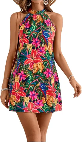 Floerns Women's Sleeveless Floral Print Sundress Halter Neck A Line Short Dress