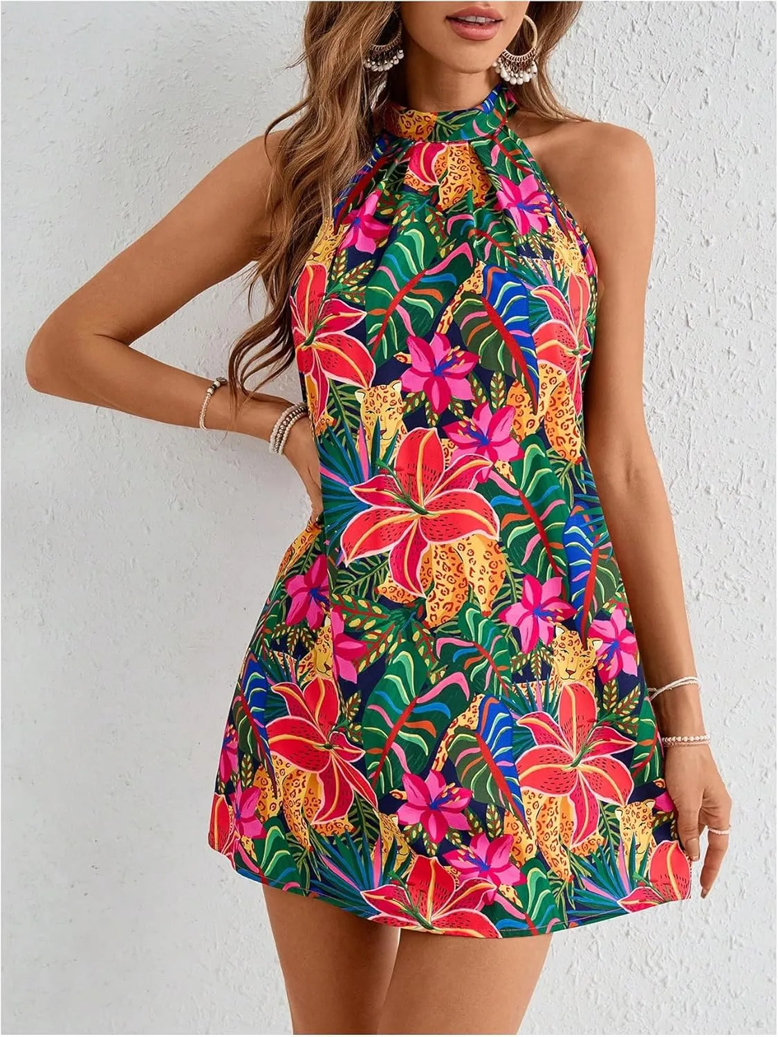 Floerns Women's Sleeveless Floral Print Sundress Halter Neck A Line Short Dress