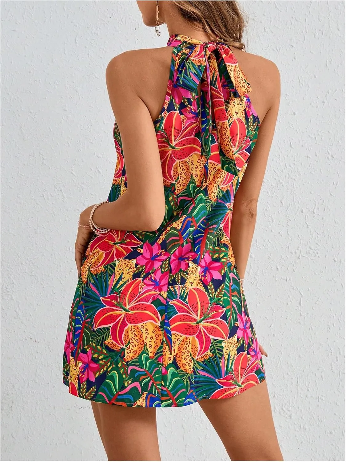 Floerns Women's Sleeveless Floral Print Sundress Halter Neck A Line Short Dress
