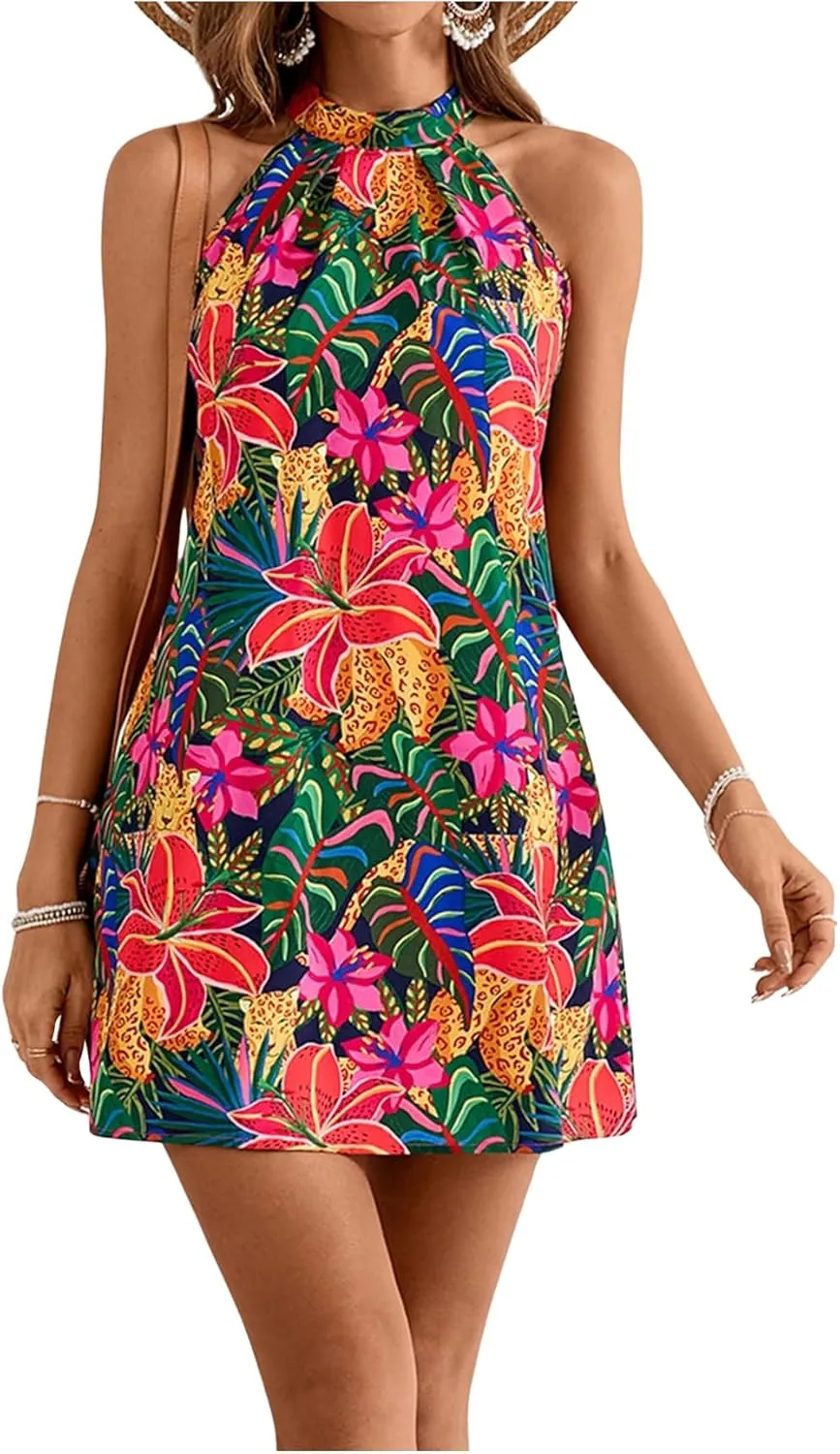 Floerns Women's Sleeveless Floral Print Sundress Halter Neck A Line Short Dress