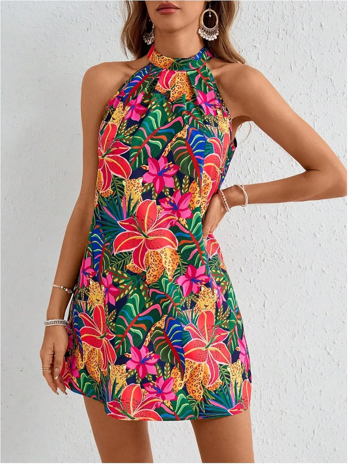Floerns Women's Sleeveless Floral Print Sundress Halter Neck A Line Short Dress