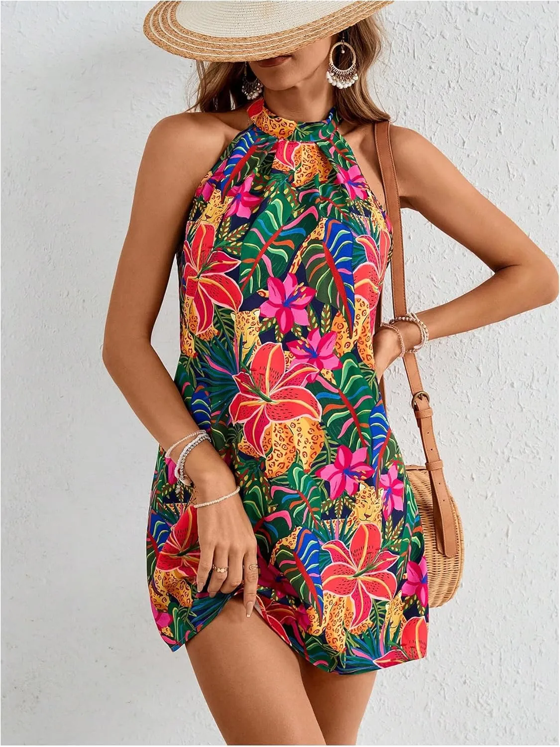 Floerns Women's Sleeveless Floral Print Sundress Halter Neck A Line Short Dress