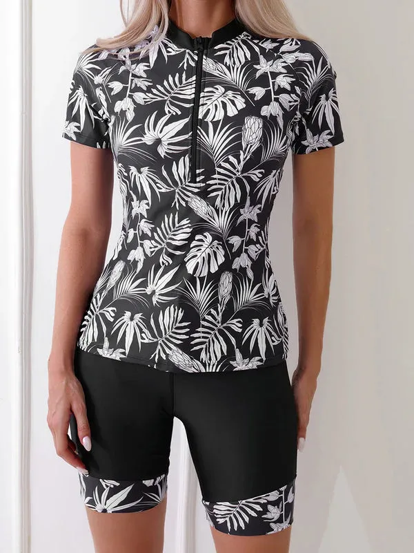 Floral Print Long Sleeve Sun Protection Zip Two-Piece Tankini Swimsuit