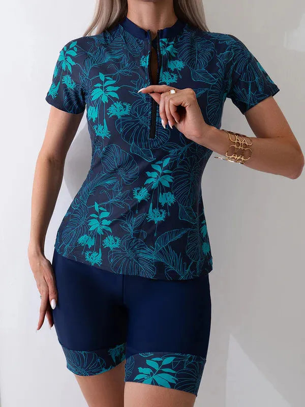 Floral Print Long Sleeve Sun Protection Zip Two-Piece Tankini Swimsuit
