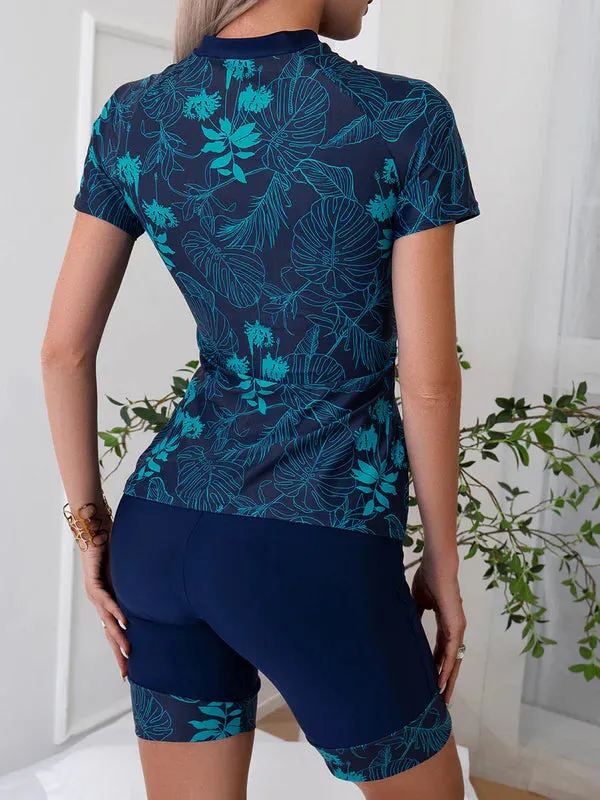Floral Print Long Sleeve Sun Protection Zip Two-Piece Tankini Swimsuit
