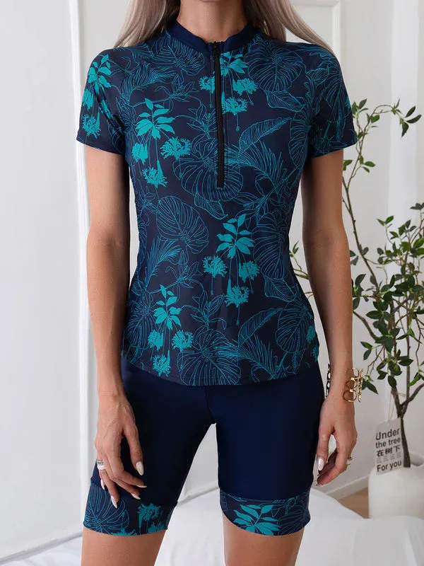 Floral Print Long Sleeve Sun Protection Zip Two-Piece Tankini Swimsuit