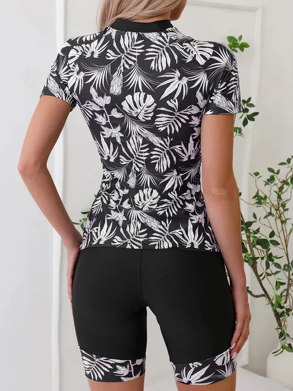 Floral Print Long Sleeve Sun Protection Zip Two-Piece Tankini Swimsuit