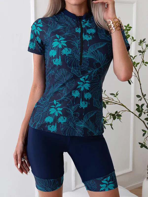 Floral Print Long Sleeve Sun Protection Zip Two-Piece Tankini Swimsuit