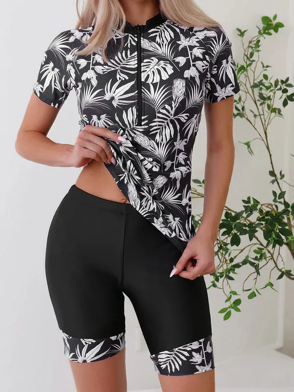 Floral Print Long Sleeve Sun Protection Zip Two-Piece Tankini Swimsuit
