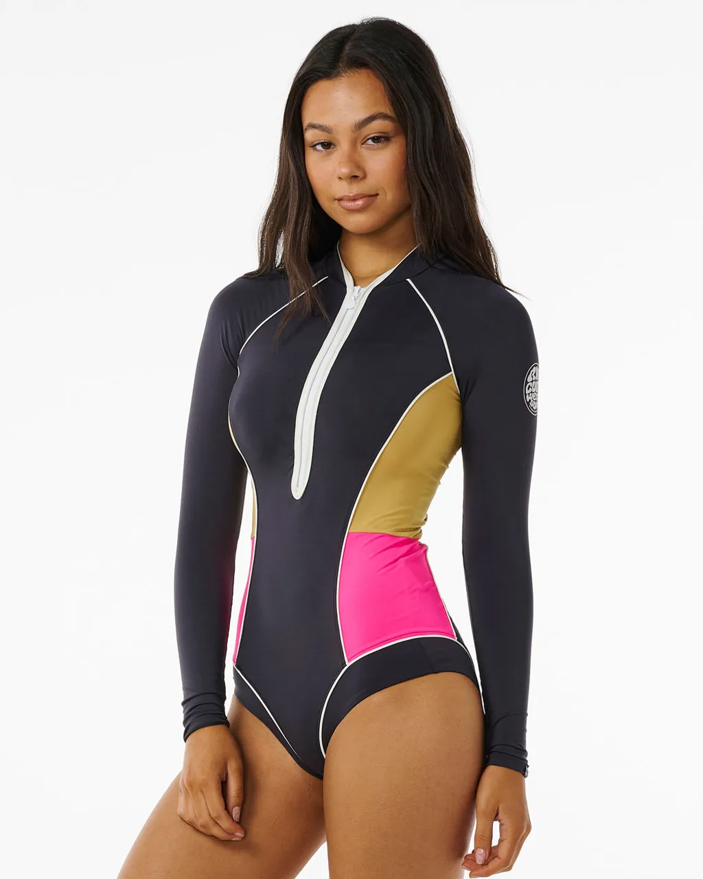 Hibiscus Heat Splice UPF One Piece Swimsuit in Washed Black