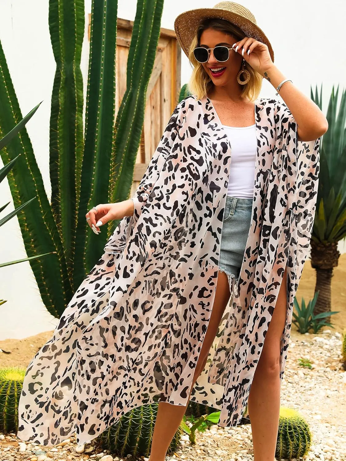 Hibluco Women's Long Floral Kimono Printed Cardigan Sheer Swimsuit Cover Ups