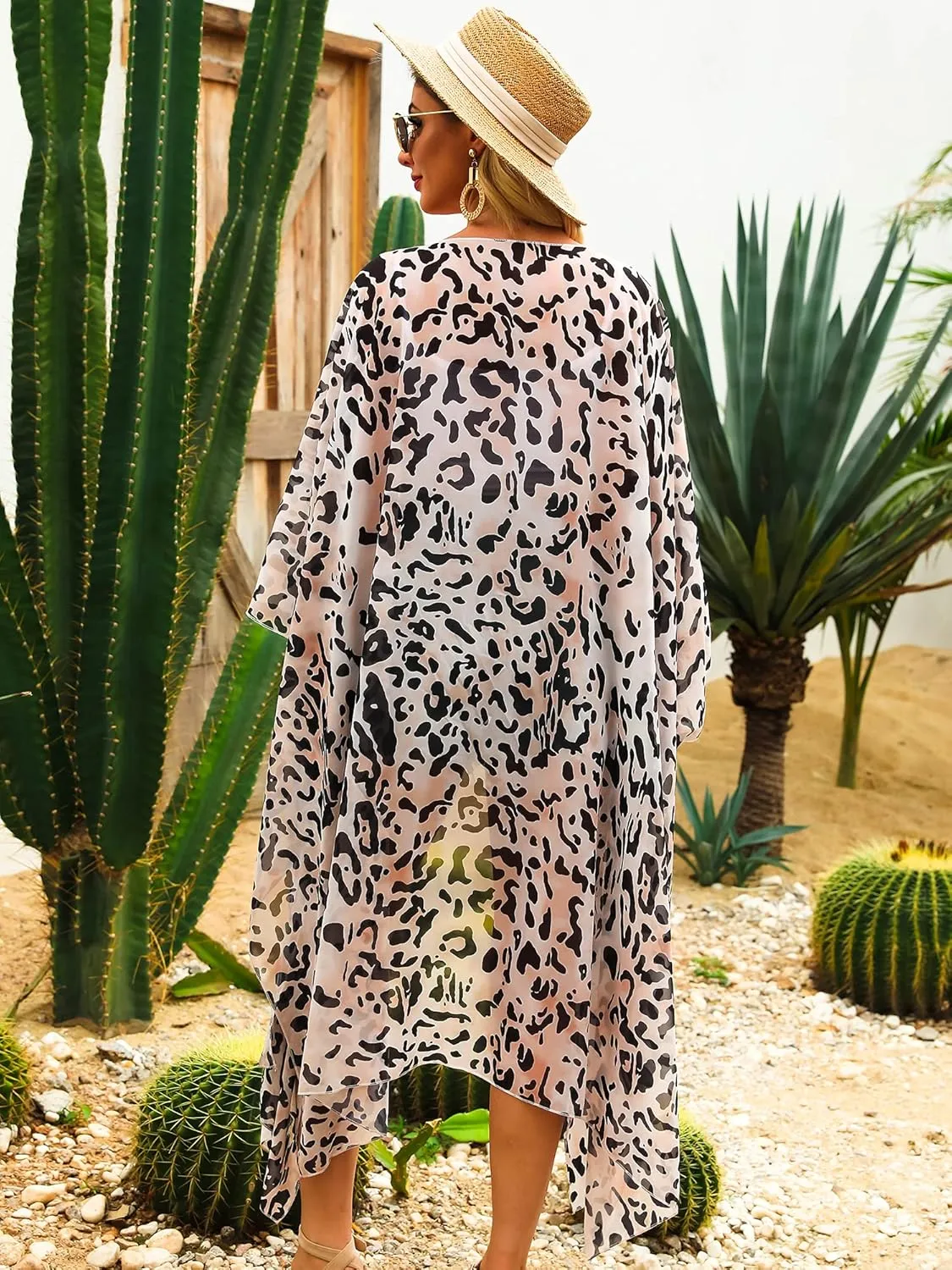 Hibluco Women's Long Floral Kimono Printed Cardigan Sheer Swimsuit Cover Ups