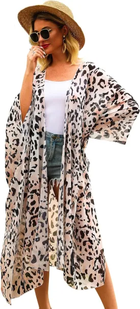 Hibluco Women's Long Floral Kimono Printed Cardigan Sheer Swimsuit Cover Ups
