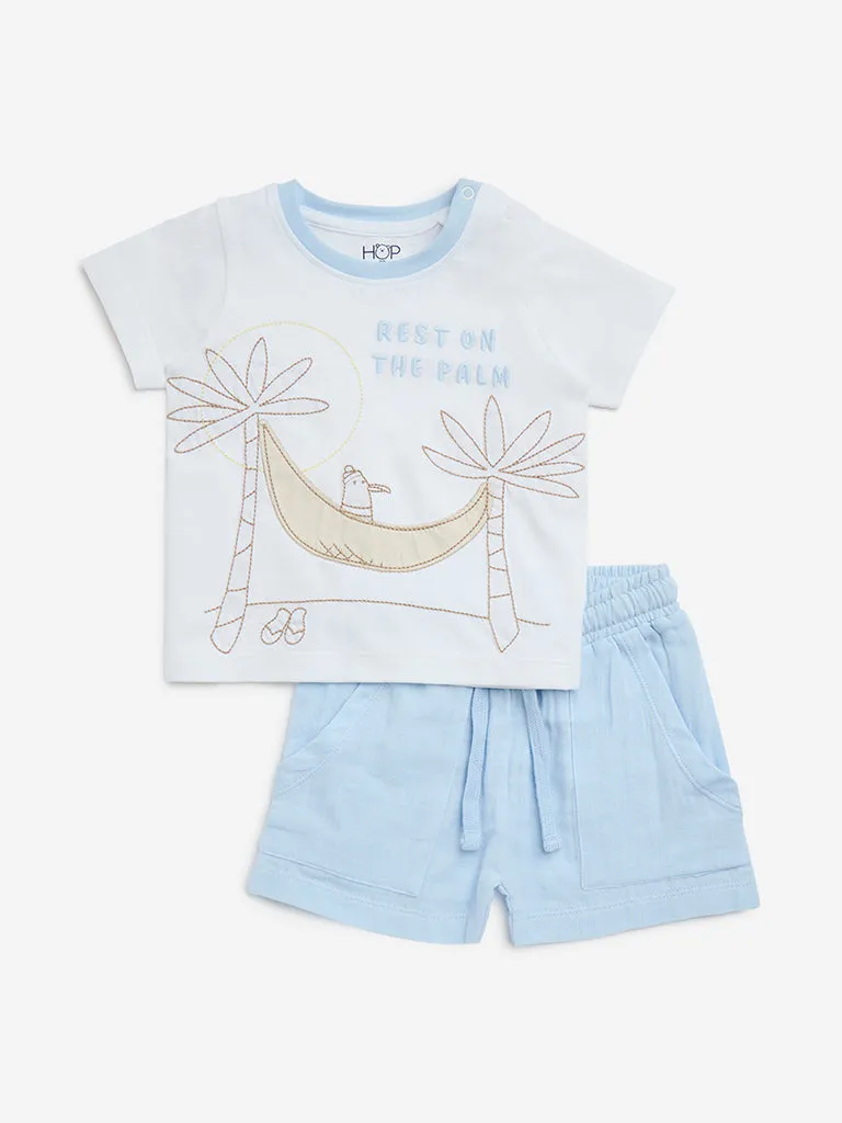 HOP Baby White Embroidered Cotton T-Shirt and Shorts Set