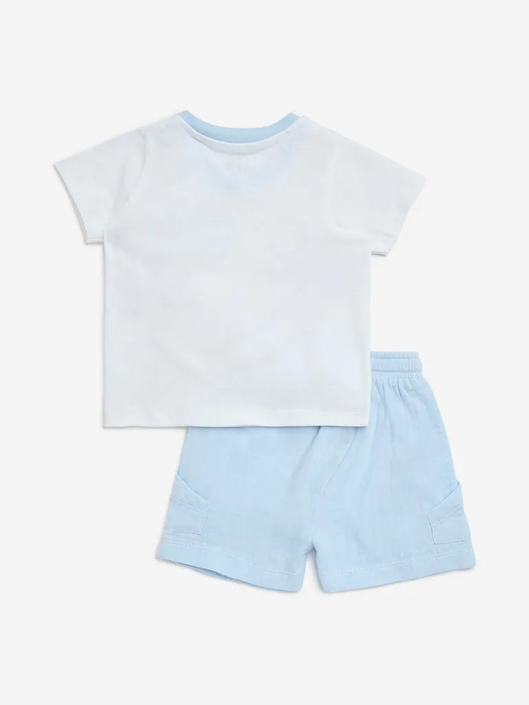 HOP Baby White Embroidered Cotton T-Shirt and Shorts Set