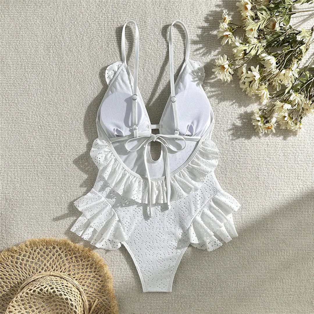 Joan Sexy Ruffled Frilled Deep V Neck One Piece Swimsuit