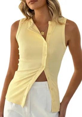 KMBANGI Women Button Down Vest Ribbed Summer Tank Tops Button Up Open Front Rib Shirt Sleeveless Slim Dressy Top Fashion