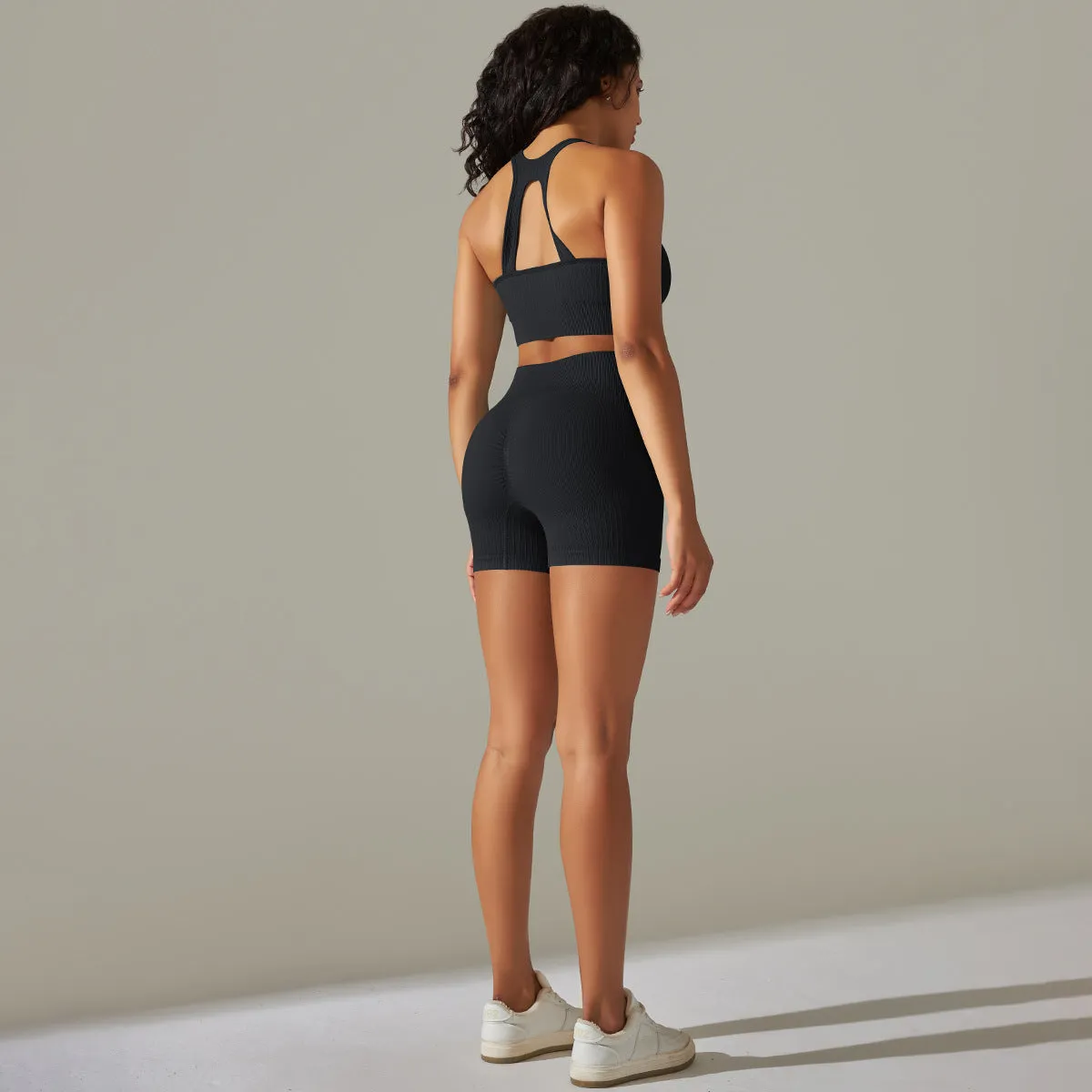 Knitted Seamless Peach Hip Raise Yoga Thread Shorts Sports Yoga Fitness Sports Back Shaping Bra Set
