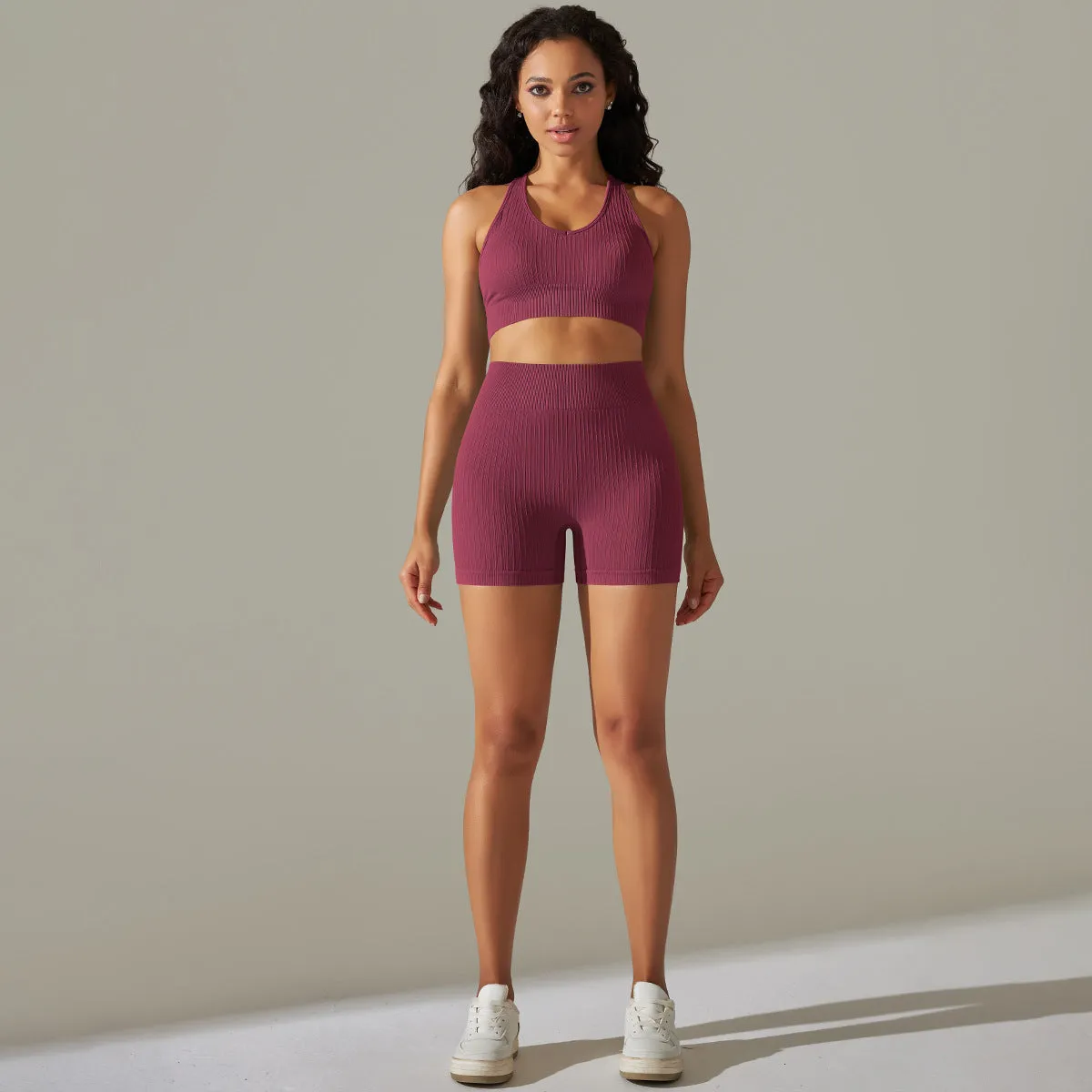 Knitted Seamless Peach Hip Raise Yoga Thread Shorts Sports Yoga Fitness Sports Back Shaping Bra Set