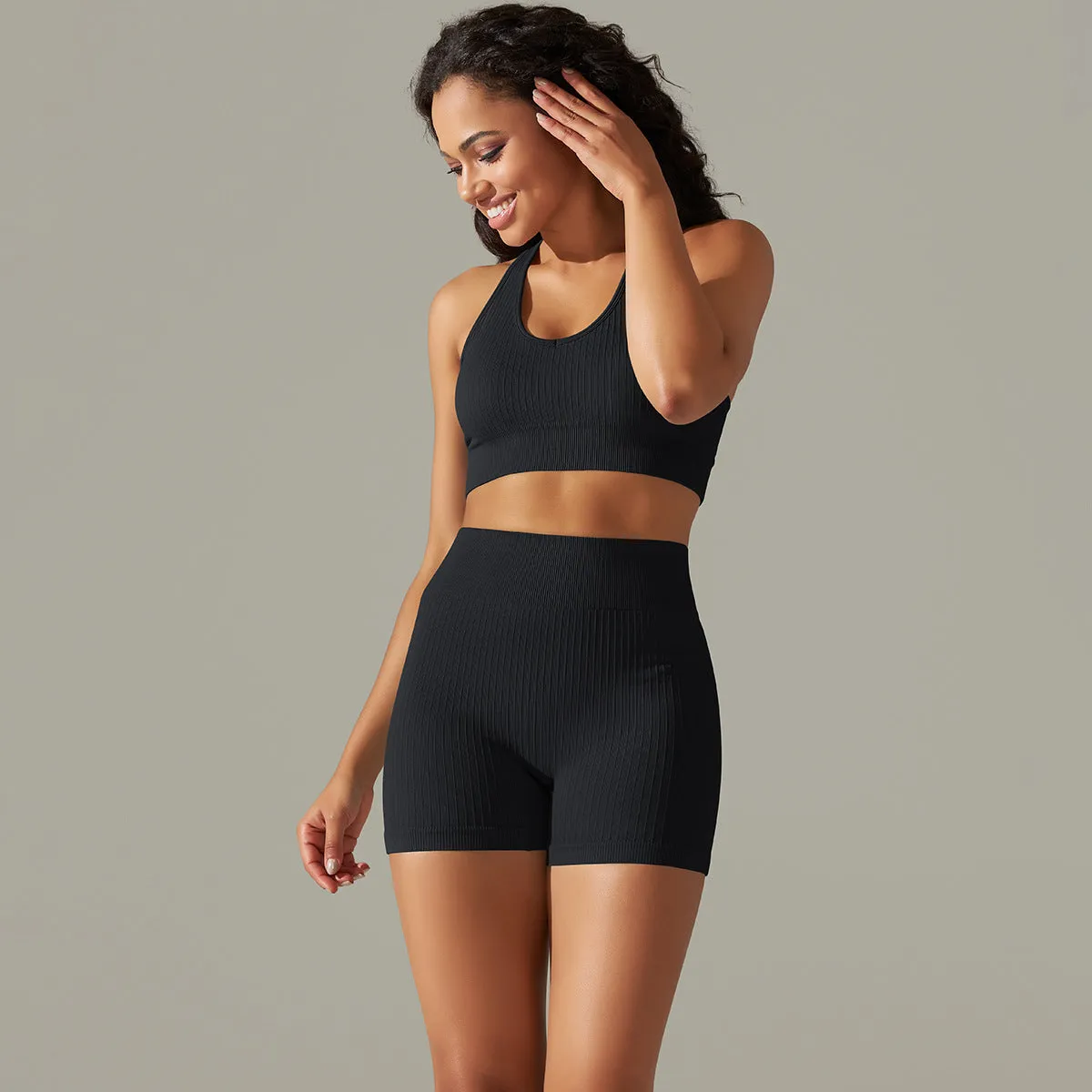 Knitted Seamless Peach Hip Raise Yoga Thread Shorts Sports Yoga Fitness Sports Back Shaping Bra Set