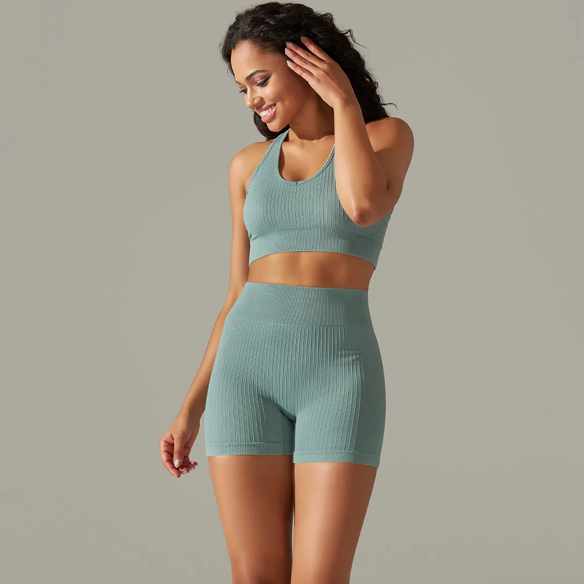 Knitted Seamless Peach Hip Raise Yoga Thread Shorts Sports Yoga Fitness Sports Back Shaping Bra Set