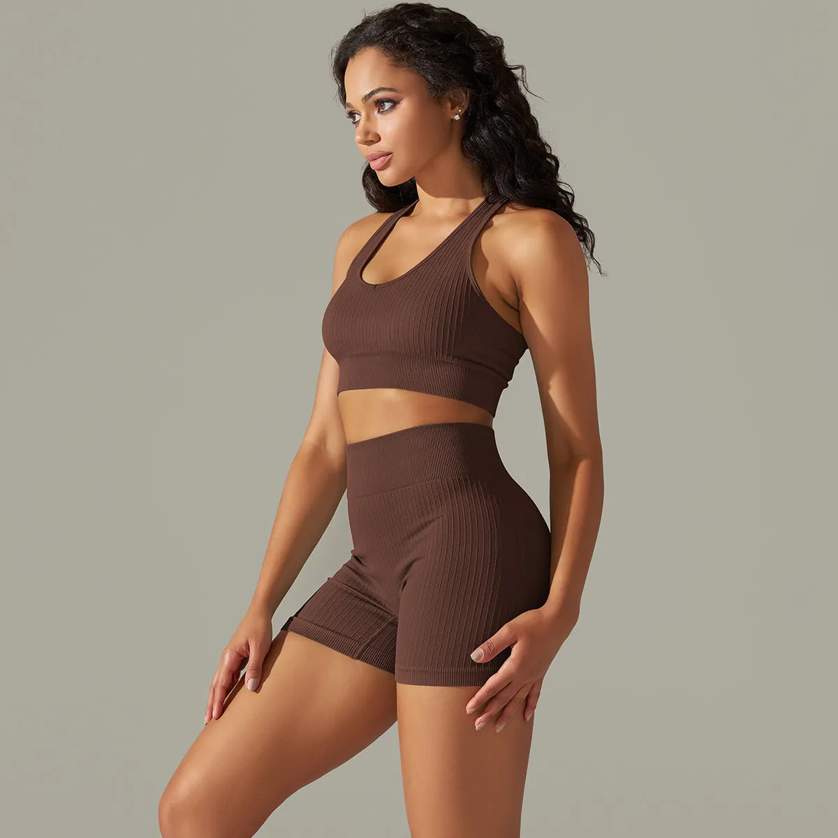 Knitted Seamless Peach Hip Raise Yoga Thread Shorts Sports Yoga Fitness Sports Back Shaping Bra Set