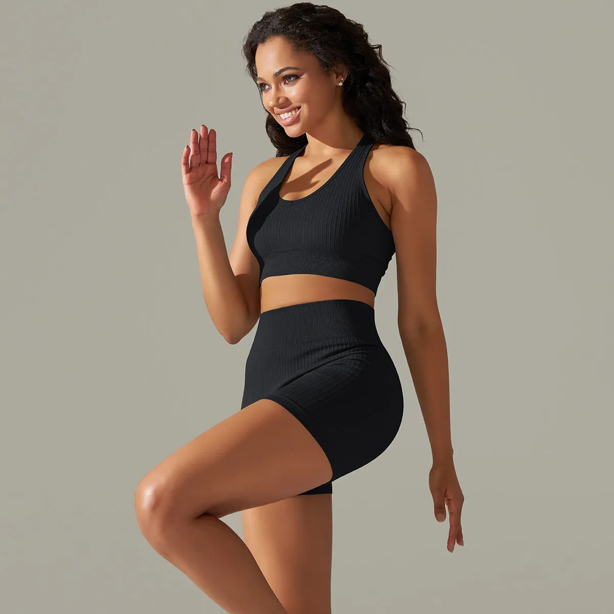 Knitted Seamless Peach Hip Raise Yoga Thread Shorts Sports Yoga Fitness Sports Back Shaping Bra Set