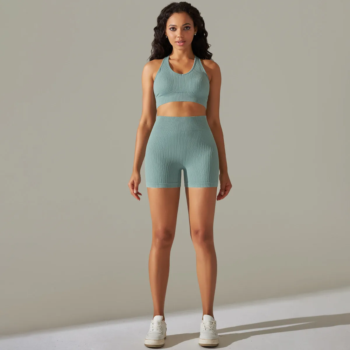 Knitted Seamless Peach Hip Raise Yoga Thread Shorts Sports Yoga Fitness Sports Back Shaping Bra Set