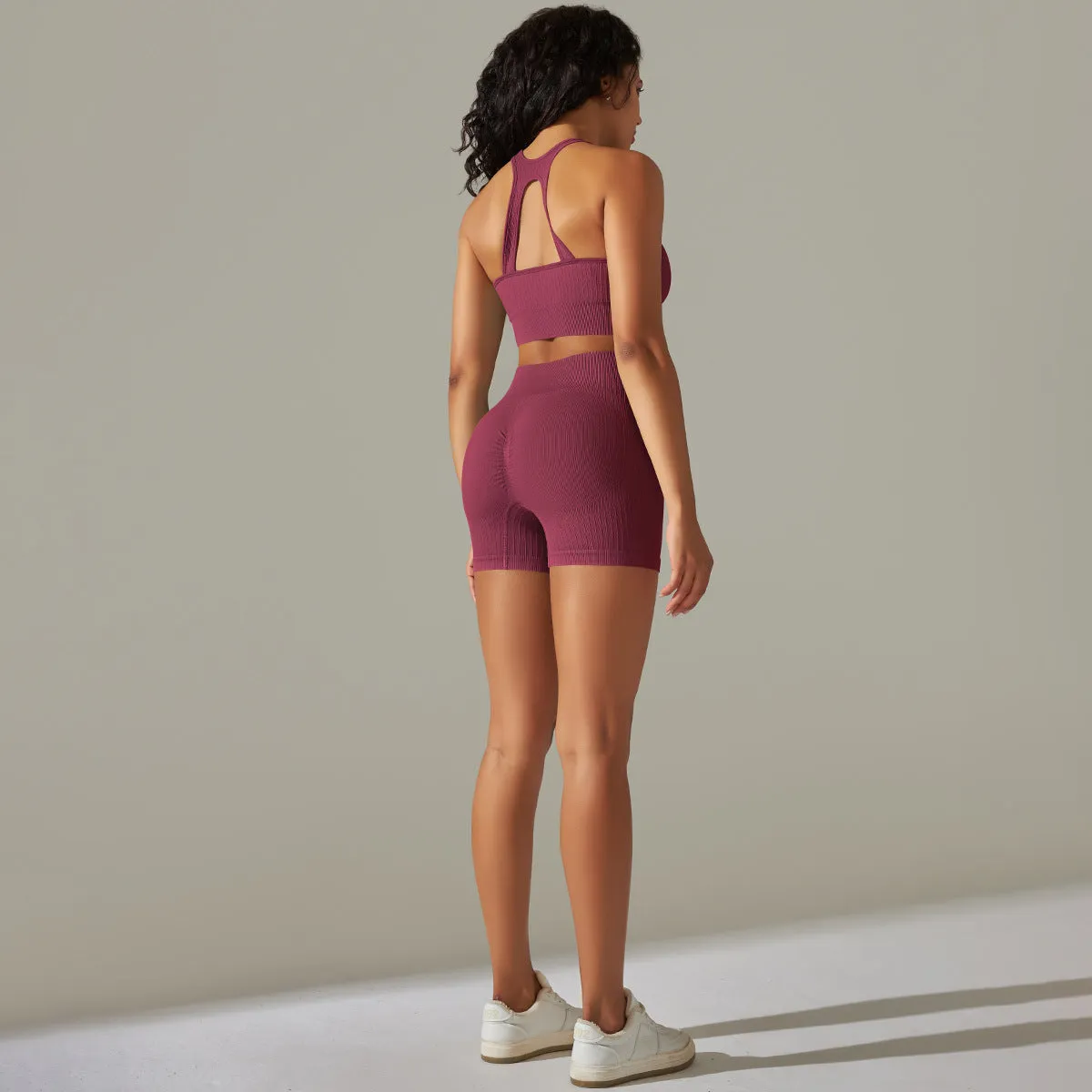 Knitted Seamless Peach Hip Raise Yoga Thread Shorts Sports Yoga Fitness Sports Back Shaping Bra Set