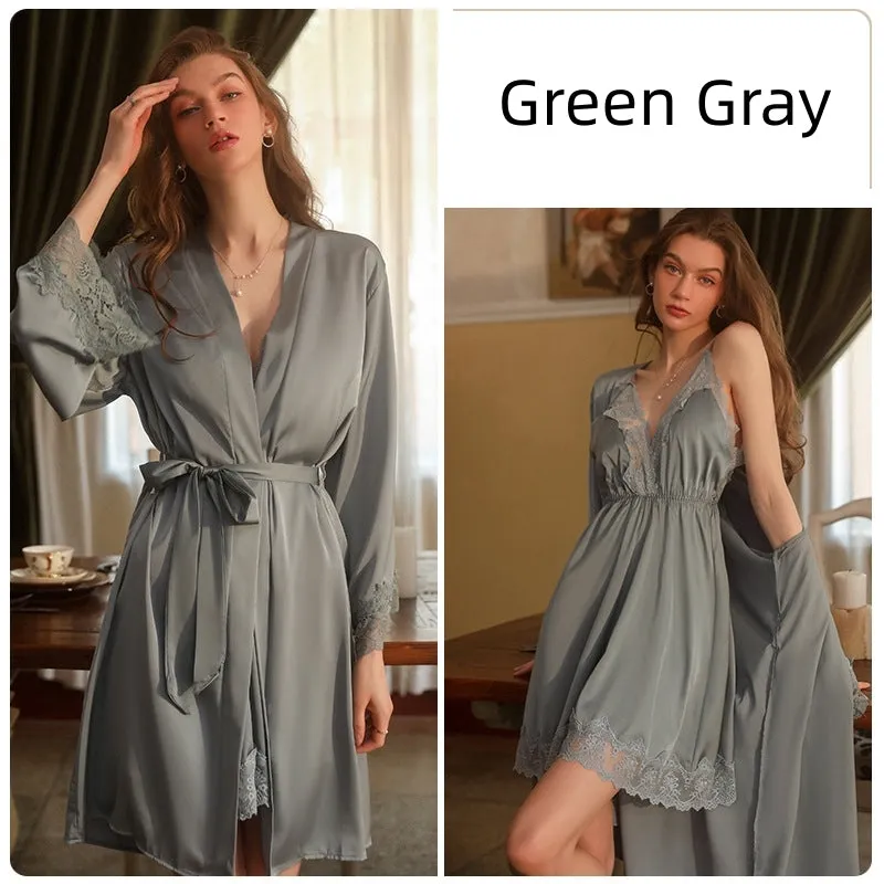 Lace Deep V Backless Suspender Nightdress Suit