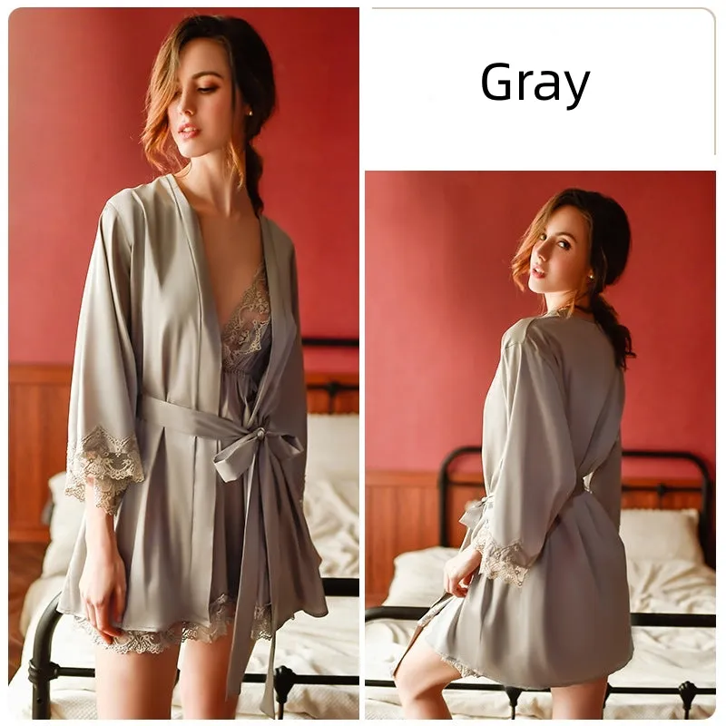Lace Deep V Backless Suspender Nightdress Suit