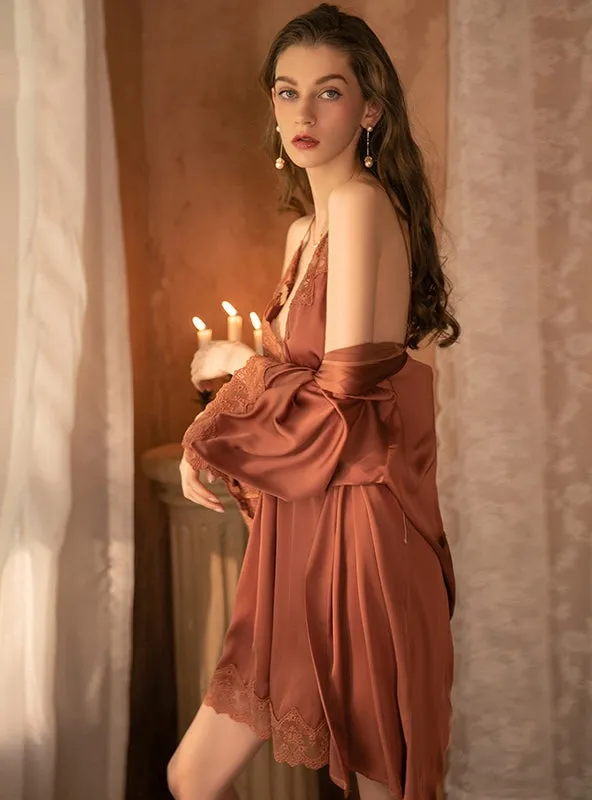 Lace Deep V Backless Suspender Nightdress Suit