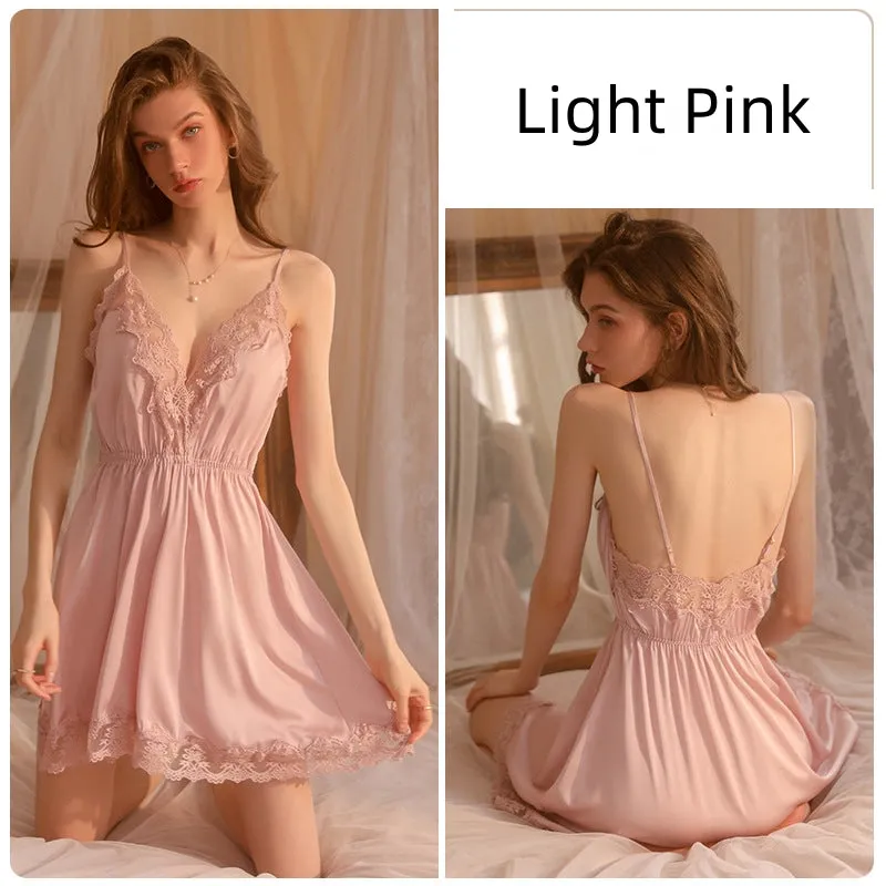 Lace Deep V Backless Suspender Nightdress Suit