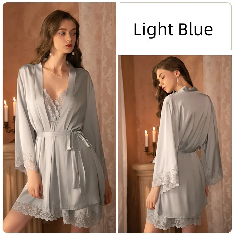 Lace Deep V Backless Suspender Nightdress Suit