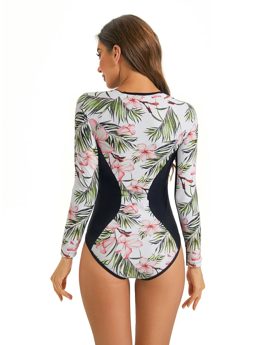 Leaf print long sleeve sun protection one-piece swimsuit UPF50 