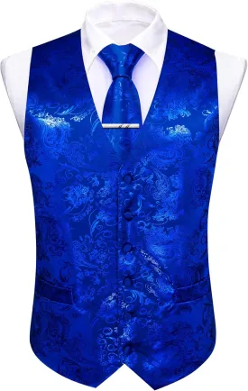 Mens Vest Tie Set Shiny Paisley V-neck Floral Waistcoat Necktie Hanky Pin Clip Cufflinks Tuxedo Casual Disco Party