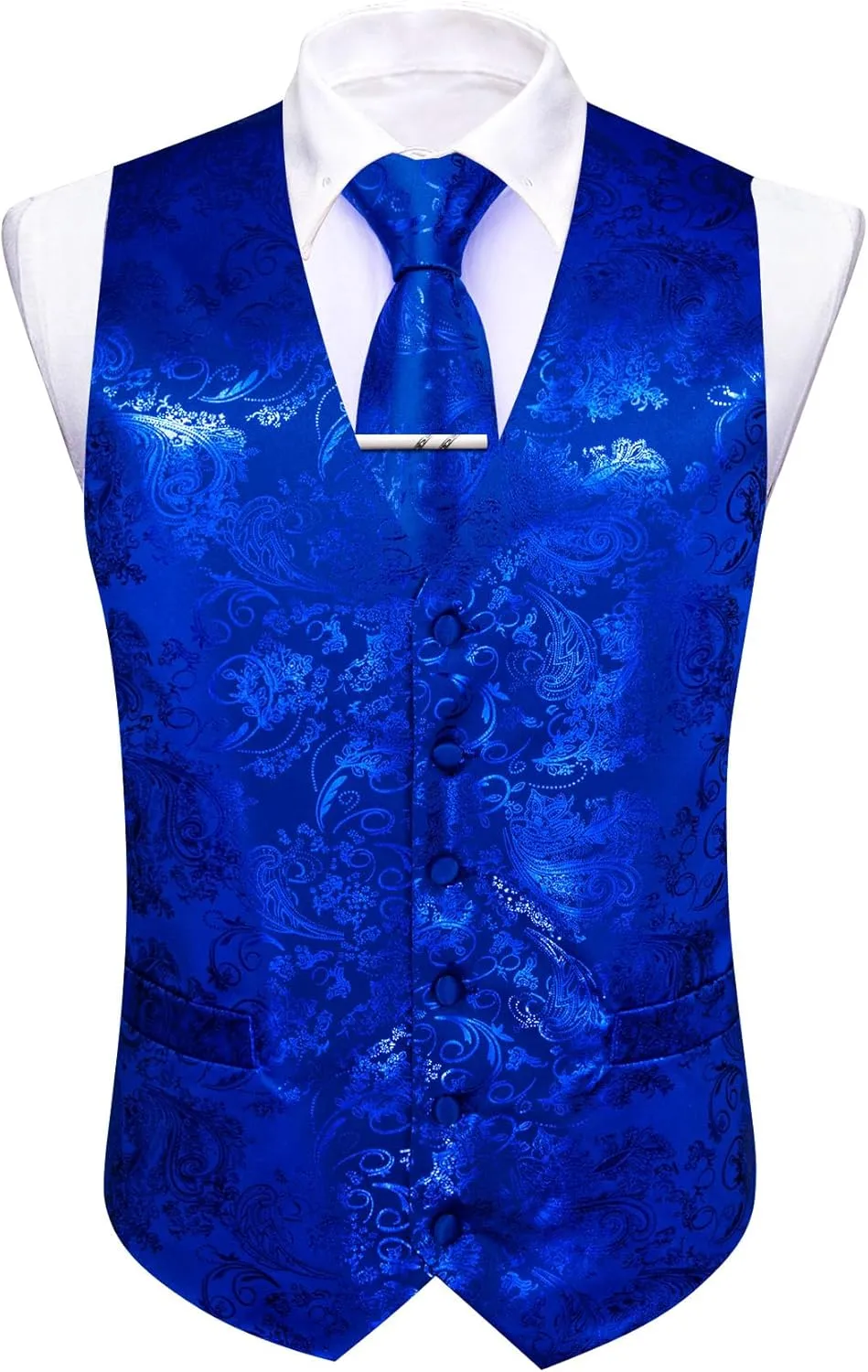 Mens Vest Tie Set Shiny Paisley V-neck Floral Waistcoat Necktie Hanky Pin Clip Cufflinks Tuxedo Casual Disco Party