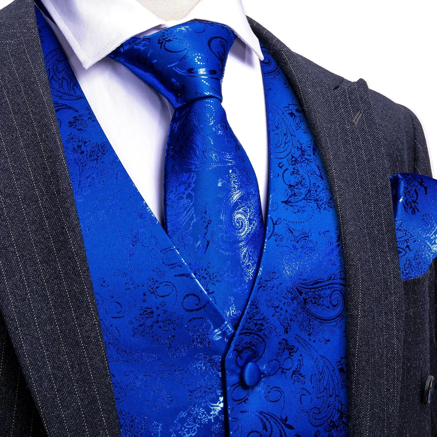 Mens Vest Tie Set Shiny Paisley V-neck Floral Waistcoat Necktie Hanky Pin Clip Cufflinks Tuxedo Casual Disco Party