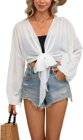 olrain Women Tie Front Beach Cove Up Chiffon Kimono Crop Top Swimming Bikini Bathing Long Sleeve Beach Shirt for Women