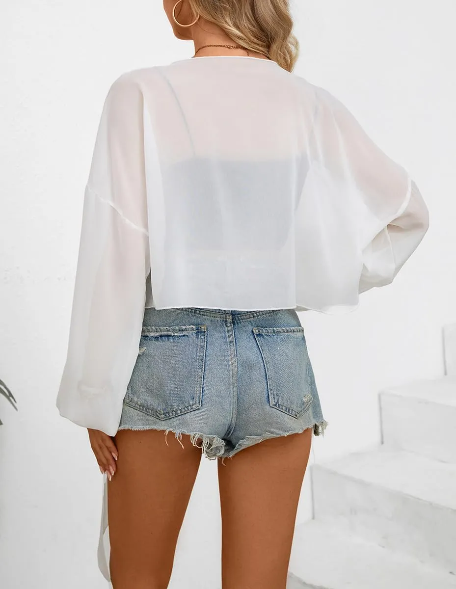 olrain Women Tie Front Beach Cove Up Chiffon Kimono Crop Top Swimming Bikini Bathing Long Sleeve Beach Shirt for Women