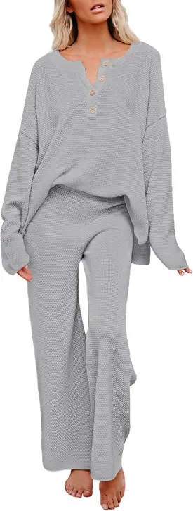 Pink Queen Women's 2 Piece Outfit Set Long Sleeve Button Pullover Sweater Top and Wide Leg Pants Knit Sweatsuit