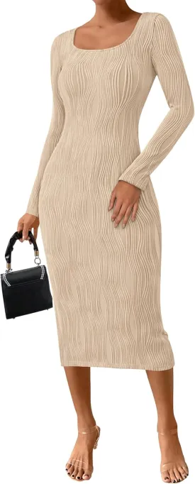 PRETTYGARDEN Womens Fall Dresses 2025 Long Sleeve Square Neck Knit Midi Beach Vacation Clothes Slit Bodycon Long Dress