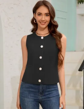 Rapbin Womens Vest Sleeveless Button Down Vest Tops Crew Neck Casual Dressy Waistcoat Business Outfits Suit Fashion