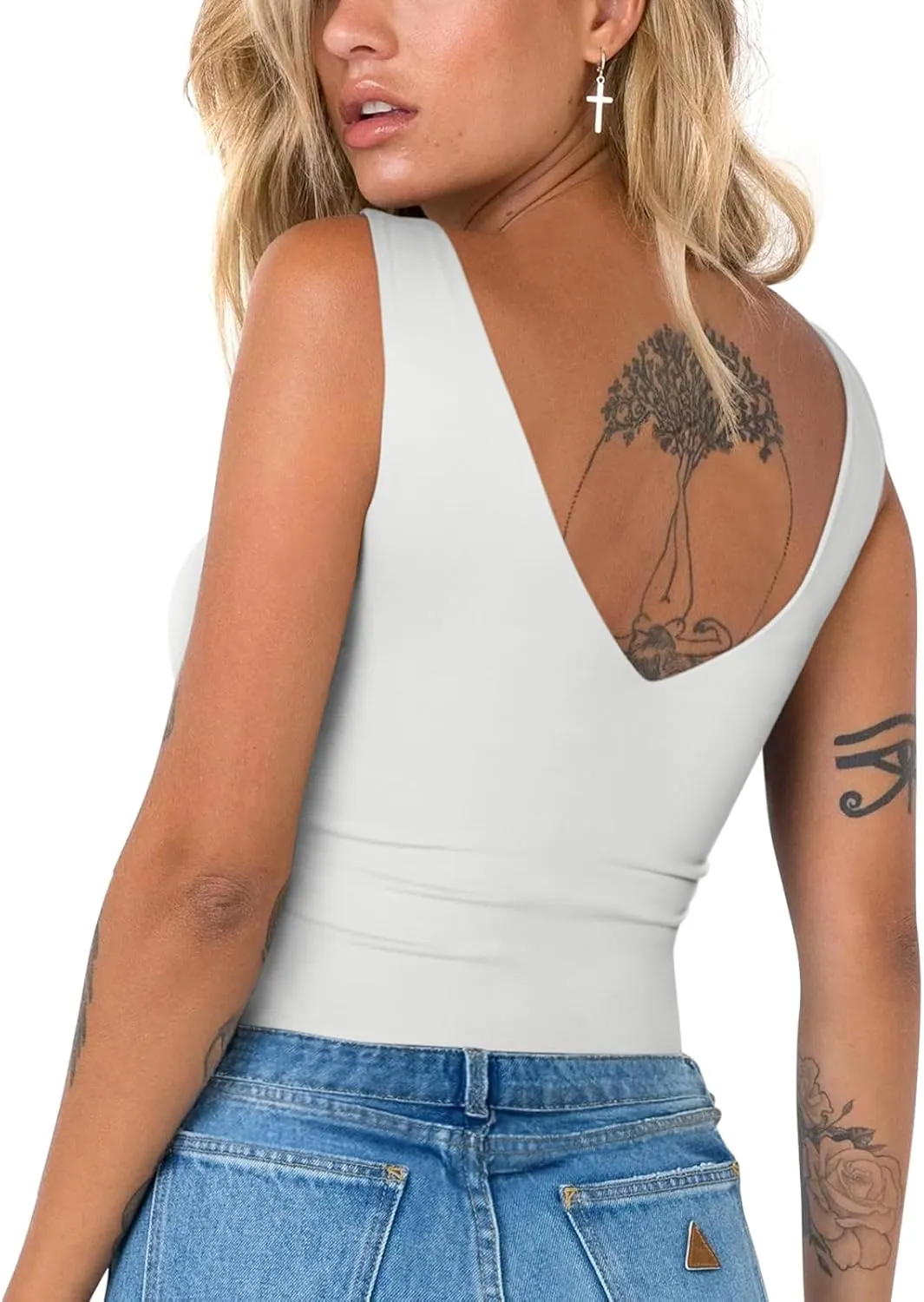 REORIA Butsmooth Womens Trendy Sexy Plunge Deep V Neck Sleeveless V Backless Going Out Tank Bodysuits Tops