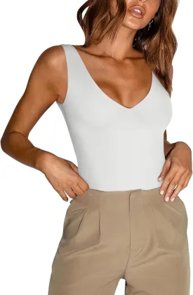 REORIA Butsmooth Womens Trendy Sexy Plunge Deep V Neck Sleeveless V Backless Going Out Tank Bodysuits Tops
