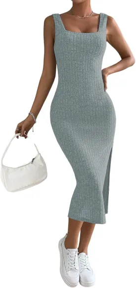 Samefar Womens Summer Square Neck Dress Sleeveless Bodycon Dresses Side Slit Midi Tank Sundresses Cocktail Dresses