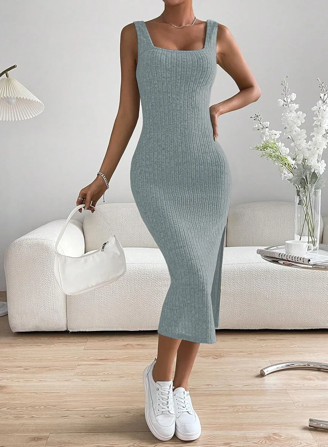 Samefar Womens Summer Square Neck Dress Sleeveless Bodycon Dresses Side Slit Midi Tank Sundresses Cocktail Dresses